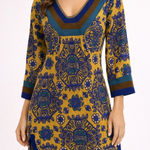 Free People  Yellow Blue Medallion Print 3/4 Sleeve Tunic Top Sweater Size Small Photo 0