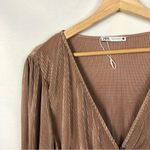 ZARA  Beige Pleated Lantern Sleeve Ribbed Plunge V-Neck Long Sleeve Blouse S Photo 3