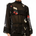 Ganni FLORAL LORITA GEORGETTE BLACK SHEER LONG SLEEVE MOCK NECK BLOUSE TOP Photo 0