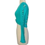 SLIT WEAVE Knotted Long Sleeve Turquoise Crop Top Rave Party Festival Club Sz S Photo 4