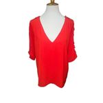 Alya  Red Blouse With V-Neck and 3/4in Bell Sleeve with Filagree Lace Pattern Dow Photo 1