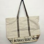 Victoria's Secret Blingy Tote Bag Beige Gold Glitter Black Straps Logo Canvas Photo 1