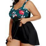 Chama Plus Size Flowy Swimdress Retro Printed Swimsuit Empire Waist Tankini Black Photo 3