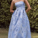 Lulus  Slate Blue Floral Jacquard Pleated Strapless Maxi Dress Formal Photo 0