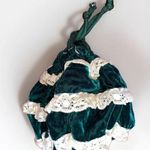 Vintage 1940s 50s Velvet Drawstring Purse Evening Bag Green Lace Tiered Boho Photo 0
