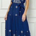 Figueroa & Flower Embroidered Tiered Maxi Dress Ruffle Sleeve Tie Waist Medium Blue Photo 0