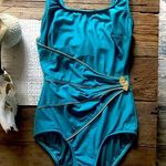🔥ROXANN Blue and Gold One Piece Swimsuit with Asymmetrical Ruching Size 12 Photo 0