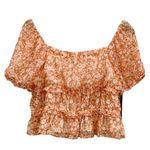 Moa Moa Peach Floral Chiffon Sheer Puff Sleeve Square Neck Crop Blouse Top XL Photo 1