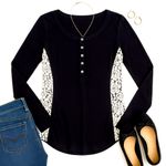Andrea Jovine Black Long Sleeve Henley Top Contrast White Rose Lace Panels Sz S Photo 2