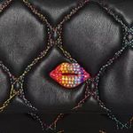 Betsey Johnson  Quilted Bag Rhinestone Lips Rainbow Stitching on Black Photo 1