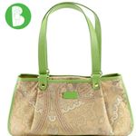 ETRO GREEN FAUX LEATHER TRIM W/TAN & GRAY COTTON PAISLEY PRINT BODY SATCHEL BAG Photo 1