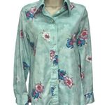 Vintage Nikki Button Down Blouse Teal Floral 70s Size M Long Sleeve Disco Blue Size M Photo 0