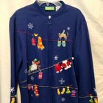 Onque Casuals Womens Cardigan Jacket Top Full Zip Blue Cotton Holiday Christmas Photo 1