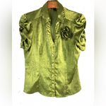 Iz Byer  L Victorian Style Satin Blouse in Olive Sheen with Flower Photo 4