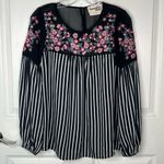 Savanna Jane Sz S Blouse Black White Stripe Floral Embroidery Top Black Photo 2