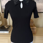 SANDRO PARIS Western Rhinestone Collar Ribbed Polo Shirt Size 1 / Small Black Photo 0