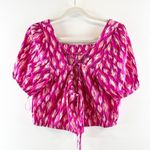Loft Animal Print Puffed Sleeve Crisscross Back Crop Blouse Top Hot Pink Poppy M Photo 3