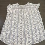 Como vintage White Blue Print Flutter Sleeve Top Womens XL Boho Cottage Photo 5