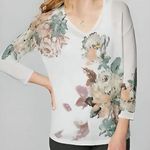 J.Jill White Floral Linen Blend Vneck Vented Long Sleeve Sweater Size Small Photo 0