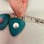 Vintage Blue Green Painted Wood Triangle Earrings Womens 1980s Funky Artsy Photo 4