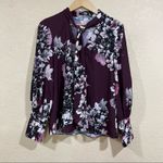 Natori Purple Floral Neck Tie Button Down Blouse Photo 3