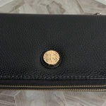 Source Unknown Black Pebbled Faux Leather Double Zip Wristlet Wallet Gold Medallion Logo Photo 0
