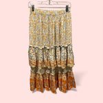 Cute tiered ruffle midi metallic thread boho floral pull on skirt festival fairy Orange Size XS Photo 2