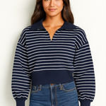 Abercrombie & Fitch ABERCROMBIE Drama Collar V-Neck Striped Sweatshirt XS NEW Photo 0