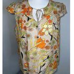 Women’s Linen Blend Floral Tie Front Blouse Top Large Tan Photo 3