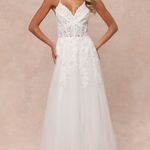 Lulus Luxury White Sheer Tulle Embroidered Beaded Bridal Gown Size Large NWT Photo 0
