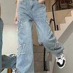 Women Loose Fit Boyfriend Jeans Baggy Y2K Straight Leg Star Patchwork Size Small Blue Photo 0