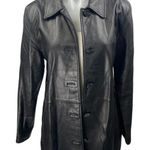 JLC 100% Leather Women's Black Button Down Collar Long Sleeve Coat Jacket Size M Blue Size M Photo 0