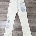 Black Daisy  Kate Straight Leg White Jeans with Blue Floral Pattern Photo 1