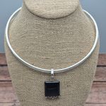 None Tube Choker Collar Necklace 925 Sterling Silver & 2 Pendants Square Black Heart Photo 7