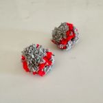 Handmade Cozy Gray & Red Pom Pom Boho Chunky Knit Yarn Earrings, Stud Post Back Photo 6