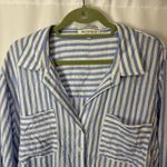 Workshop  Women’s Striped Rayon Lyocell Top 3X Button Down Roll Tab Sleeve Blue Photo 2