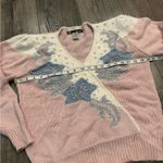 VTG Dana Scott Sweater Silver Beads Metallic Thread Pink Blue Fuzzy V Photo 4