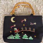kim rogers Black Christmas Santa Reindeer Bamboo Handle Tote Bag Photo 0