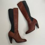 Frye Mikaela Boots Leather Heels Stretch Panels Zipper Closure Brown Black Photo 9