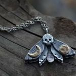 Vintage Style Skull Head With Asymmetric Sun Moon Double Wings Moth Pendant Silver Photo 2