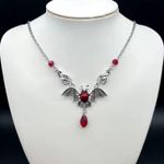 Bat Necklace Vampire Pendant Red Stone Gothic Halloween Jewelry Womens New 23in Silver Photo 0