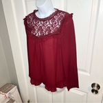 Modcloth Moon Floral Lace Yoke Top Ruffle Trim Burgundy Wine Red M Photo 3