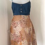 Carolina Blues 2000s Y2K boho hippie Tan navy blue jean denim patchwork midi dress with button front cami spaghetti strap #festival Size 8/M, measurements in pics Photo 1