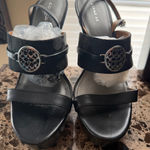 Coach  Black Leather Logo Sandals with Silver Accents Photo 0