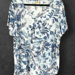 C&C California Women's Linen Floral Leaf Print Short Sleeve Top Blue Size 2X Photo 0