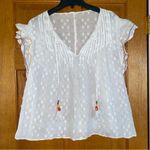 ACOS&A White Textured Top Blouse Colored Ruffled Sleeve Women’s XL Cotton Tassel Photo 0