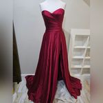 La Femme  Strapless Satin Gown with Pleated Bodice and Slit Size 4 NWOT Wine Red Photo 2