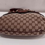 Gucci  Monogram Leather Canvas Gg Horsebit Shoulder Bag Brown Size Medium Photo 5