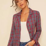 Romwe Red Plaid Single Breasted Blazer M Photo 0