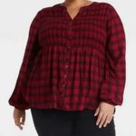 Knox Rose  Button Front Long Sleeve Smocked Top Red Plaid High Low Hem Rayon XL Photo 0